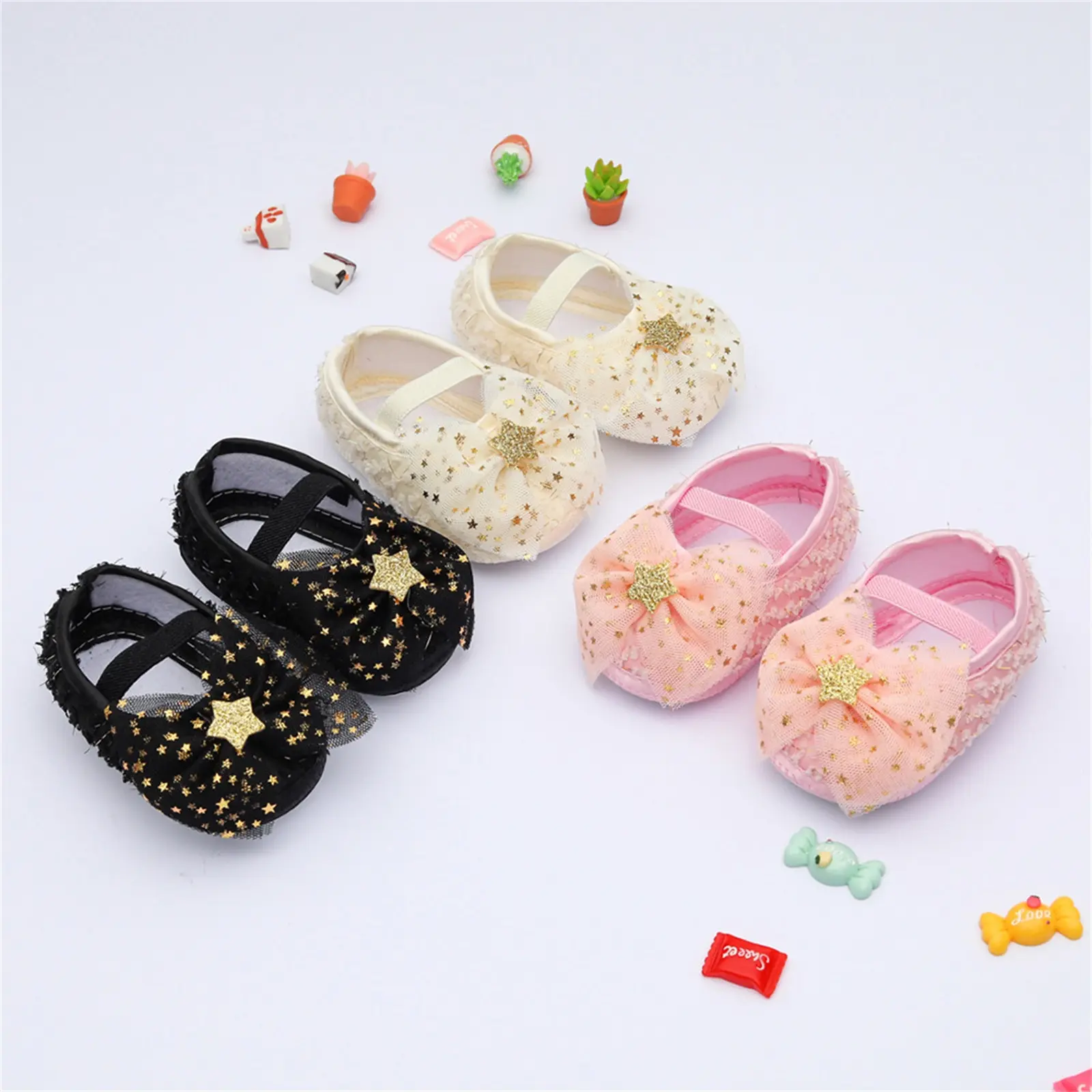 Baby Cotton Cloth Shoes with Pentagram Sequins, Bow Mesh Sweet Decoration Accessory
