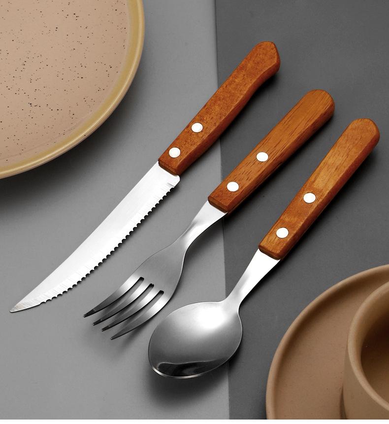 Product Introduction of Stainless Steel Clip Handle Tableware Knife, Fork and Spoon Three-Piece Hotel Steak Knife and Fork Knife, Fork and Spoon New Creative Wooden Handle Steak Knife and Fork 12