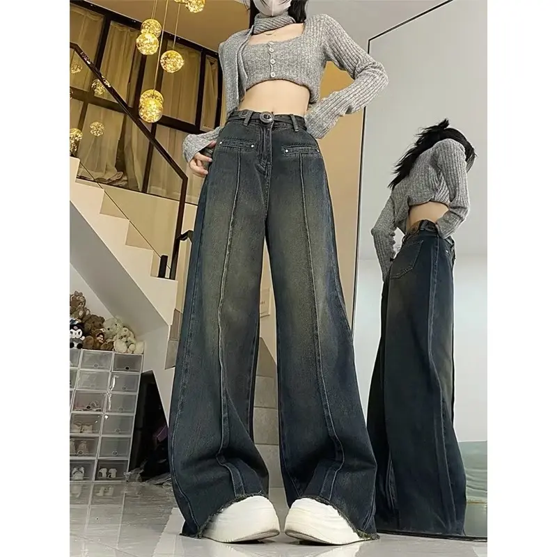 ￼Quần bò jeans nữ ống rộng, Quần bò 2 túi cơi gân giữa màu mới gấu tua rua phong cách Hàn Quốc