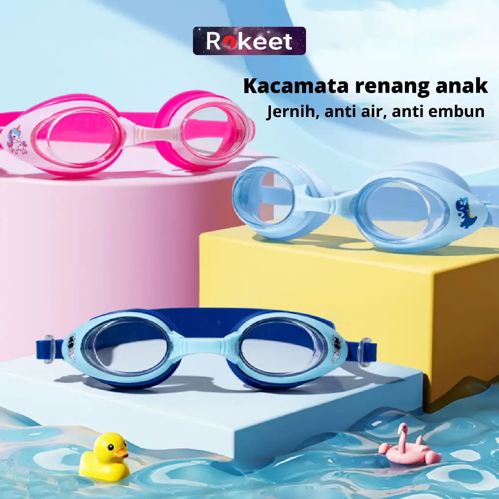 Rokeet Kacamata Renang Anak Anti Fog Protection Anti Embun Adjustable Strap FREE KOTAK PENYIMPANAN