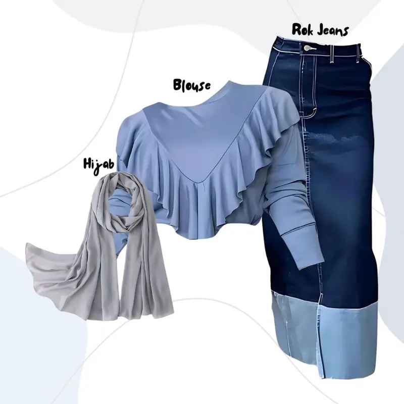 One Set 3in1 Blouse Rok Jeans Pashmina Jersey | outfit kantor ootd hangout simpel KR29 1