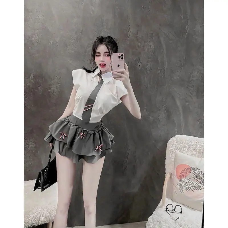 Set Sơ Mi Cánh Dơi Phối Cà Vạt Hai Tầng Đính Nơ Chất Liệu Kate Thái Cao Cấp, Thiết Kế Thời Thượng Thanh Lịch, Phù Hợp Nữ Dưới 53kg - Thời Trang Đi Làm, Đi Học, Gặp Gỡ Sang Trọng 5