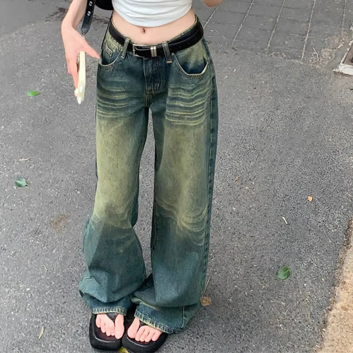 กางเกงยีนส์ขากว้างเอวต่ำ สไตล์วินเทจทำเก่า Clothing Jean Women ผู้หญิง ตํ่า เอว