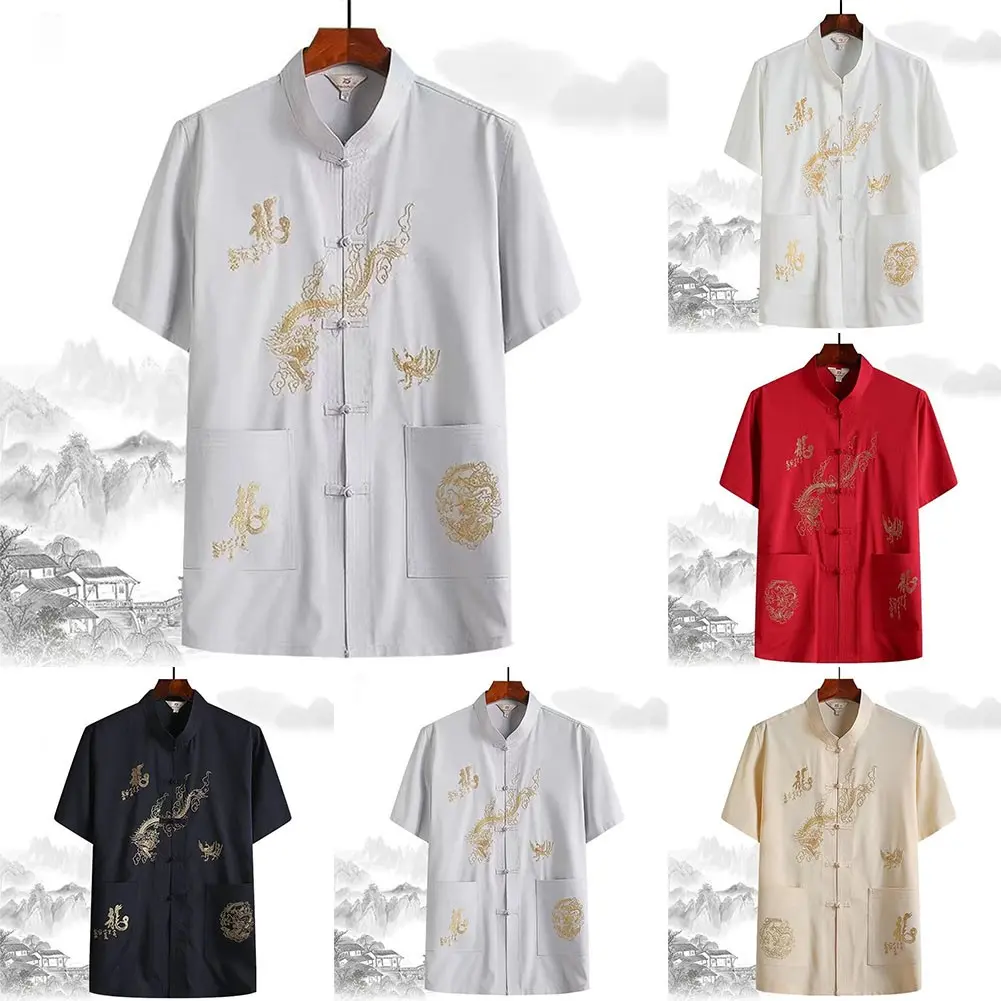 Quần Áo Trung Quốc Cho Nam, Áo, Cổ Quan Thoại, ngắn Tay, Áo Sơ Mi Rồng Thêu, Ưu Đãi Tốt Nhất Của OXIA