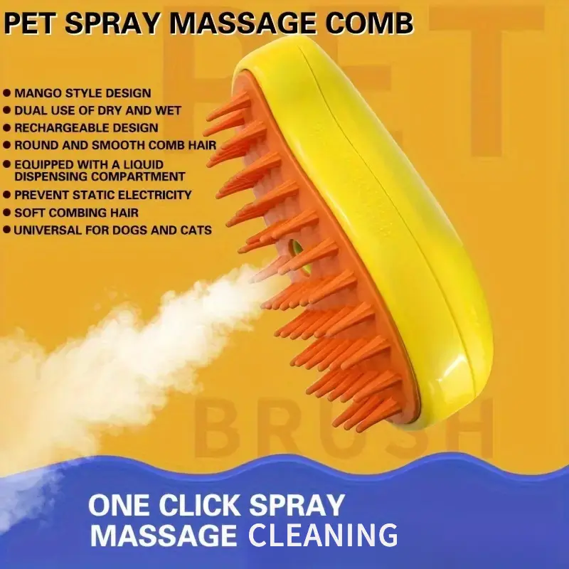 Cat and dog hair comb, massage, spray, steam spray, de-shedding silicone brush, no-rinse pet brush.