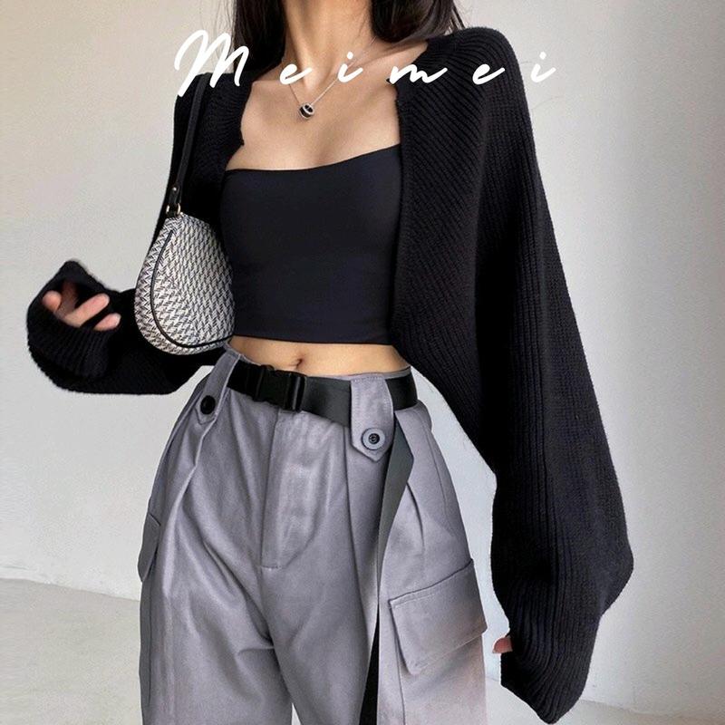Áo cadigan croptop kèm áo hai dây Cardigan Nữ chất tăm gân dày dặn phong Áo khoác mix váy nhiều màu Meimei SA0001 Kem