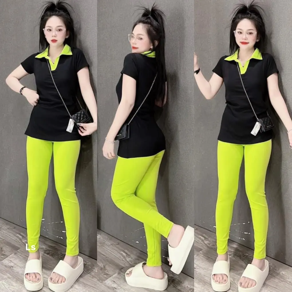 Set áo thun tay ngắn cổ polo mix quần dài ôm giá hạt dẻ