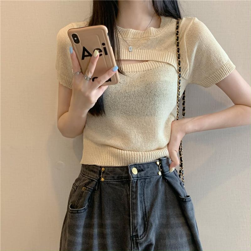 Product Introduction of Áo Len Dệt Kim Giả Hai Lớp, Thiết Kế Độc Đáo Sang Trọng Khoét Lỗ Áo Phông Ngắn Tay, Áo Ngắn Cô Gái Nóng Bỏng Mùa Hè, Phong Cách Instagram, Dành Cho Nữ, Bán Chạy Top Women Top Women 8