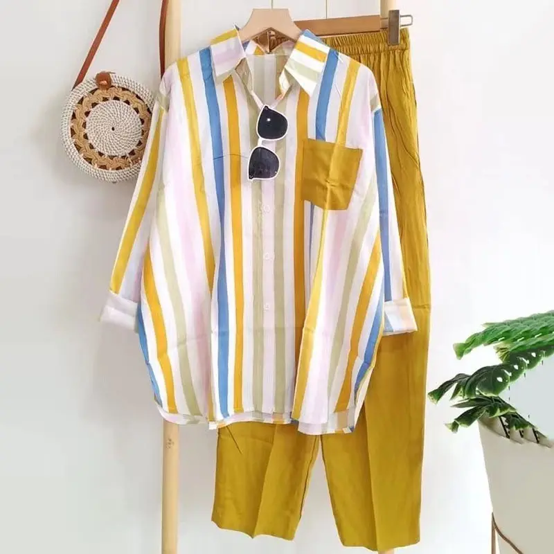 Fashion Striped Two-Piece Suit Women Long-Sleeved Casual Womenswear Check
