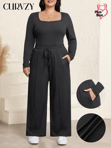 CURVZY Plus Size Two-Piece Set Solid Square Neck Ribbed Bodysuit & Drawstring Waist Pants Set, Casual Long Sleeve Bodysuit & Pocket Trousers, Women's Two-piece Outfits for All Seasons