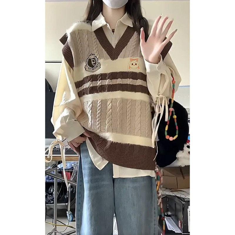 Product Introduction of Bộ Đồ Hai Mảnh Cho Nữ, Phong Cách Preppy Ngọt Ngào Nhật Bản, Màu Tương Phản, Áo Vest Dệt Kim Cổ Chữ V, Áo Sơ Mi Dài, Thích Hợp Cho Mùa Xuân Và Mùa Thu, Hàng Mới Về Women Nhung Jacket Top Pants Kem 7