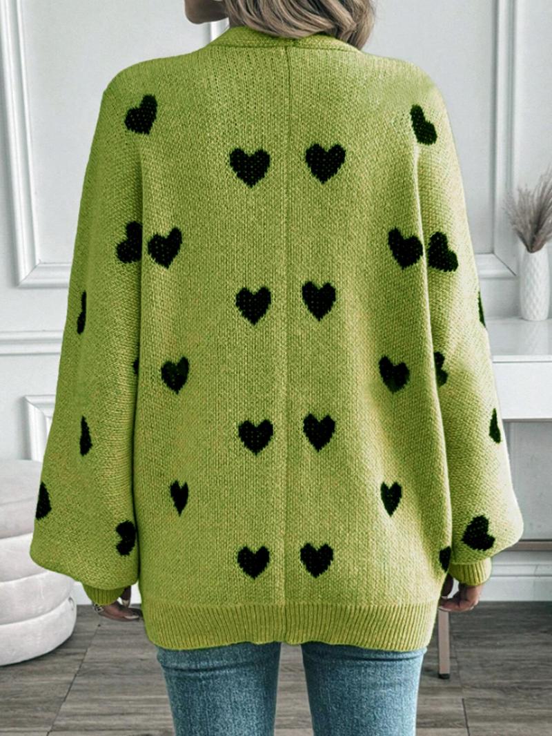 Product Introduction of Women's Heart Print Bishop Sleeve Cardigan, Valentine's Day Casual Long Sleeve Open Front Knitwear for Spring & Fall,  Cardigans for Women, Fashion Women's Knit Clothing for Daily Wear, Gift 5