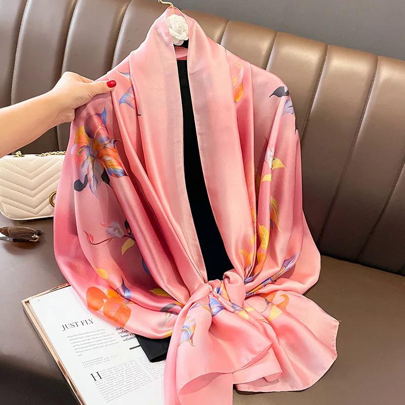 Product Introduction of New 90*180CM Fashion Luxury Lady Print Design Shawl Soft Satin Silk Scarf Shawl Versatile Women Long Silk Scarr vs. 2