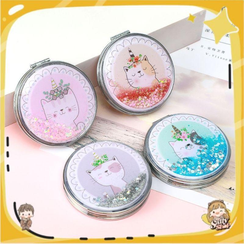 Gương trang điểm mini 2 mặt vỏ ngoài nhũ kim tuyến, Gương 2 mặt gấp gọn nước kim tuyến chảy lấp lánh -  Sally Shop Mỹ Phẩm Cosmetic
