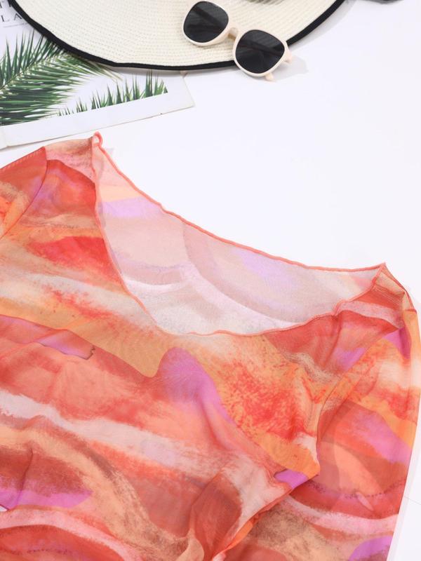 Plus Size Three-Piece Set All Over Print Three-piece Set, Halter Bikini Top & Drawstring Cover Up Dess & Tie Side Bikini Bottom Set, Women's Swimsuit for Summer Vacation 8