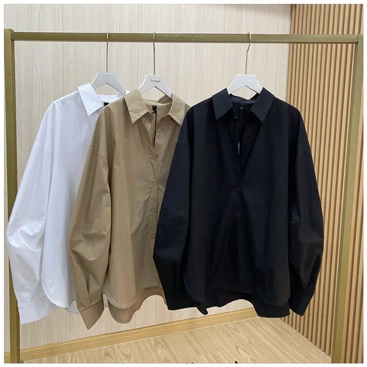 korean style loose plain cotton shirt for women long sleeve casual plus size female blouse top