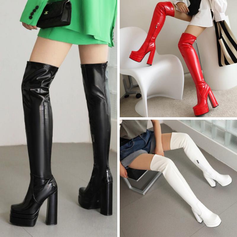 Giày boot đùi nữ gót trụ cao 14cm DA BÓNG , ĐẾ KÉP, CHẮC CHẮN, ÔM CHÂN 3 màu đen, đỏ, trắng GCC131 Shoes Bốt Cổ Cao
