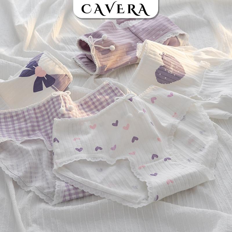 Set 5 Quần Lót Nữ Cotton Viền Ren Lượn Sóng - Quần Chíp Nữ Đính Nơ Họa Tiết Dễ Thương CAVERA Thun Women L0511