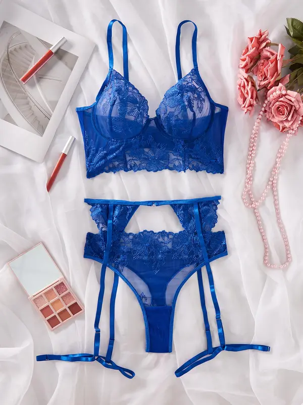 Women's Solid Lace Sexy Lingerie Three-Piece Set, Push Up Bra & Thong & Garter Belt Set, Soft Comfy Breathable Lingerie Set for Women 4