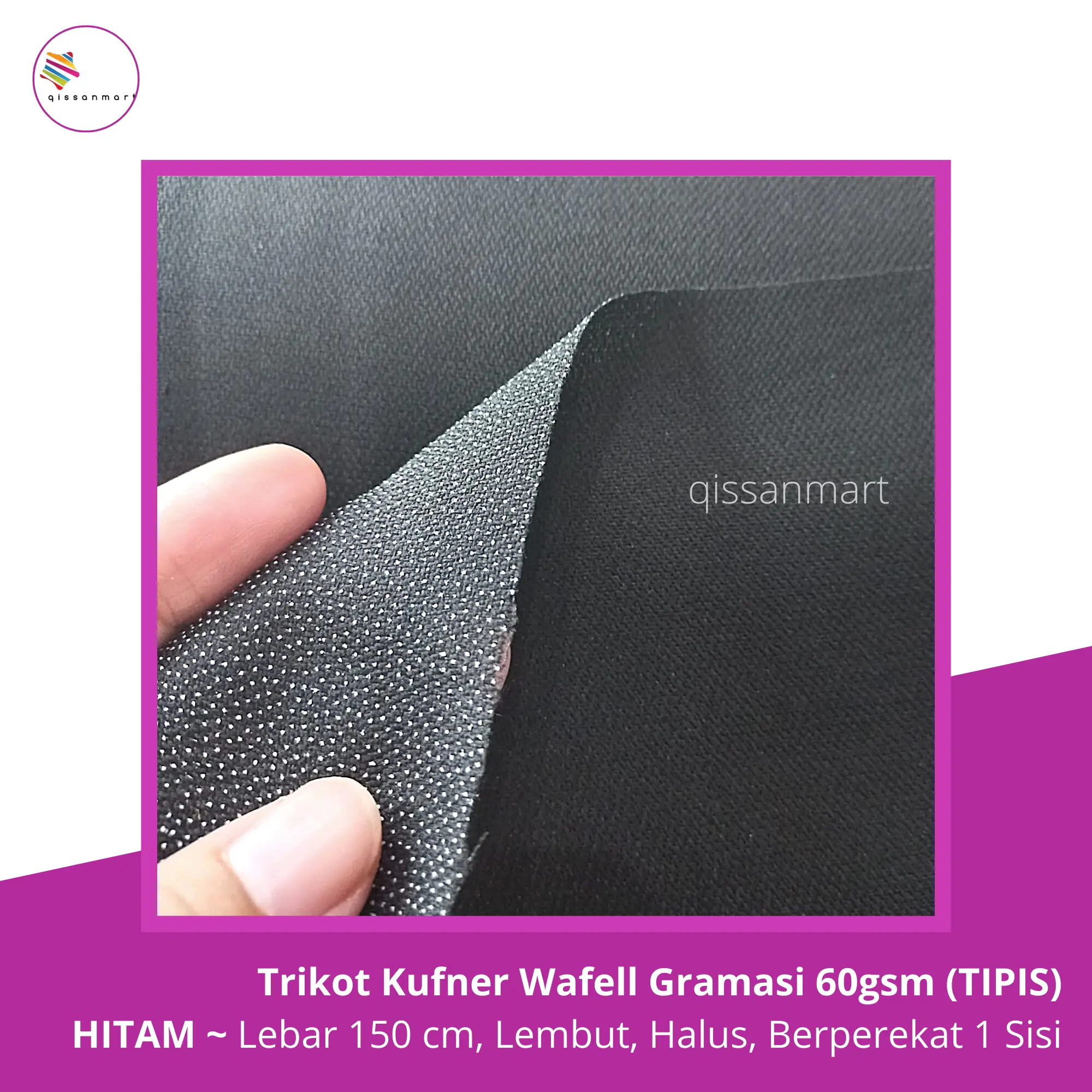 Trikot, Kufner Wafell Gramasi 60gsm hitam, Kain Lapisan Blazer Jas, Berperekat 1 Sisi,  Lebar 150 Cm(TIPIS)