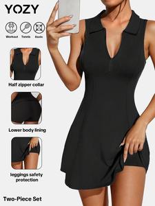 YOZY Women's Solid Zip Up Half Placket A Line Tank Dress & Shorts Two-piece Set, Casual Fashion Cozy Breathable Two Piece Outfits for Daily Outdoor Wear, Ladies Clothes for All Seasons