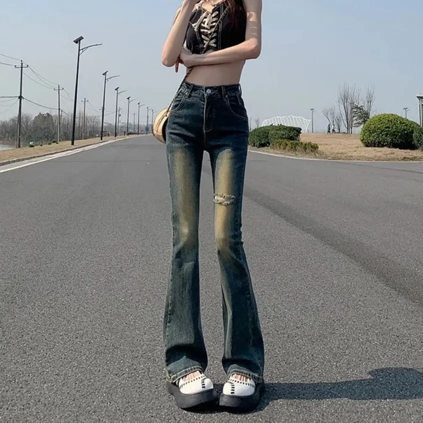 Quần ống loe rách đùi lưng cao màu xanh rêu S01 Nữ Women Denim