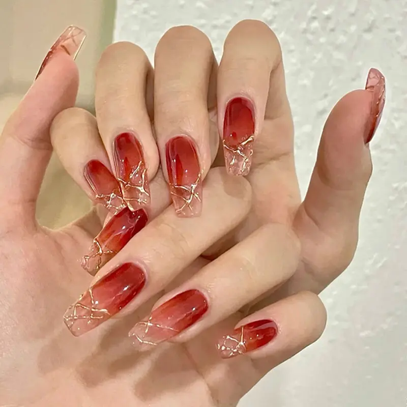 Móng Tay Nhân Tạo, Màu Đỏ Rượu Vang Sáng Bóng, Họa Tiết Hợp Xu hướng Độc Đáo Mảnh Móng Tay 0