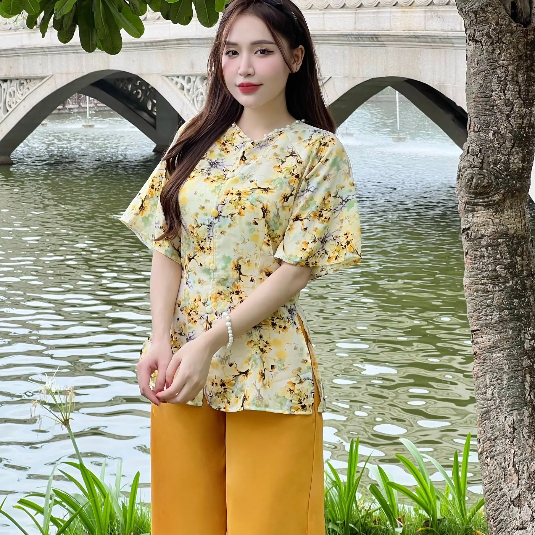 Bộ đồ bà ba nữ mặc nhà quần dài đồ bà ba nữ miền tây đồ lam nữ đồ bà ba nữ đồ bộ bà ba đi chùa bộ lam ống rộng -cn201 Áo Ong Women Top set thường