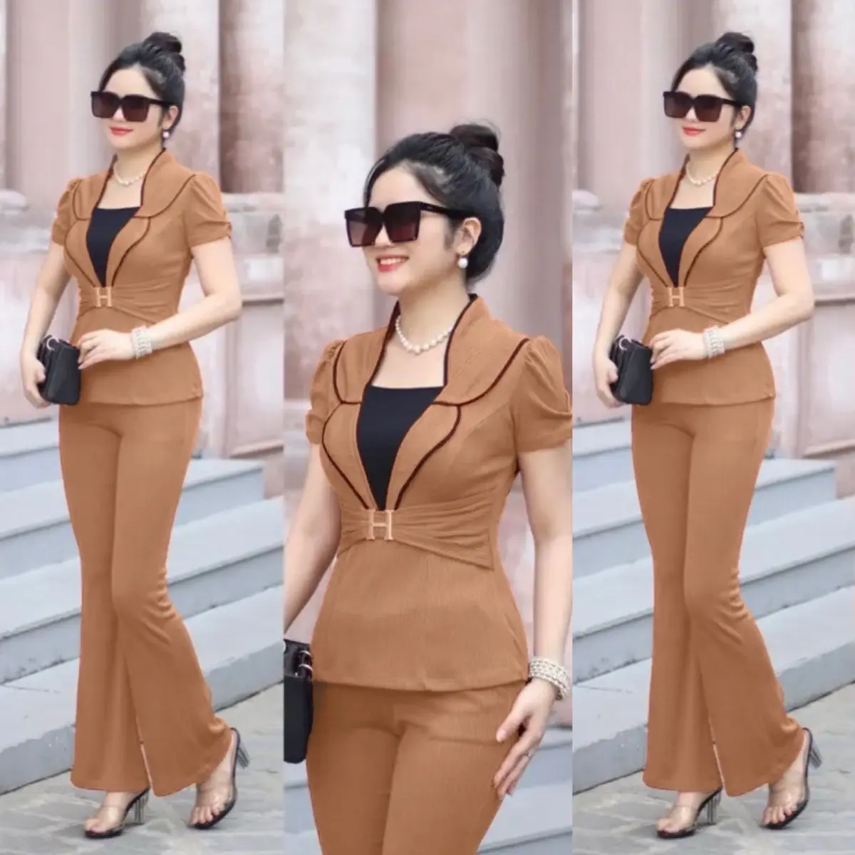 [H18]Sét Bộ Xốp Nhật Quần Ống Loe giả vest  Cổ Viền Lé eo đính chữ H Nữ