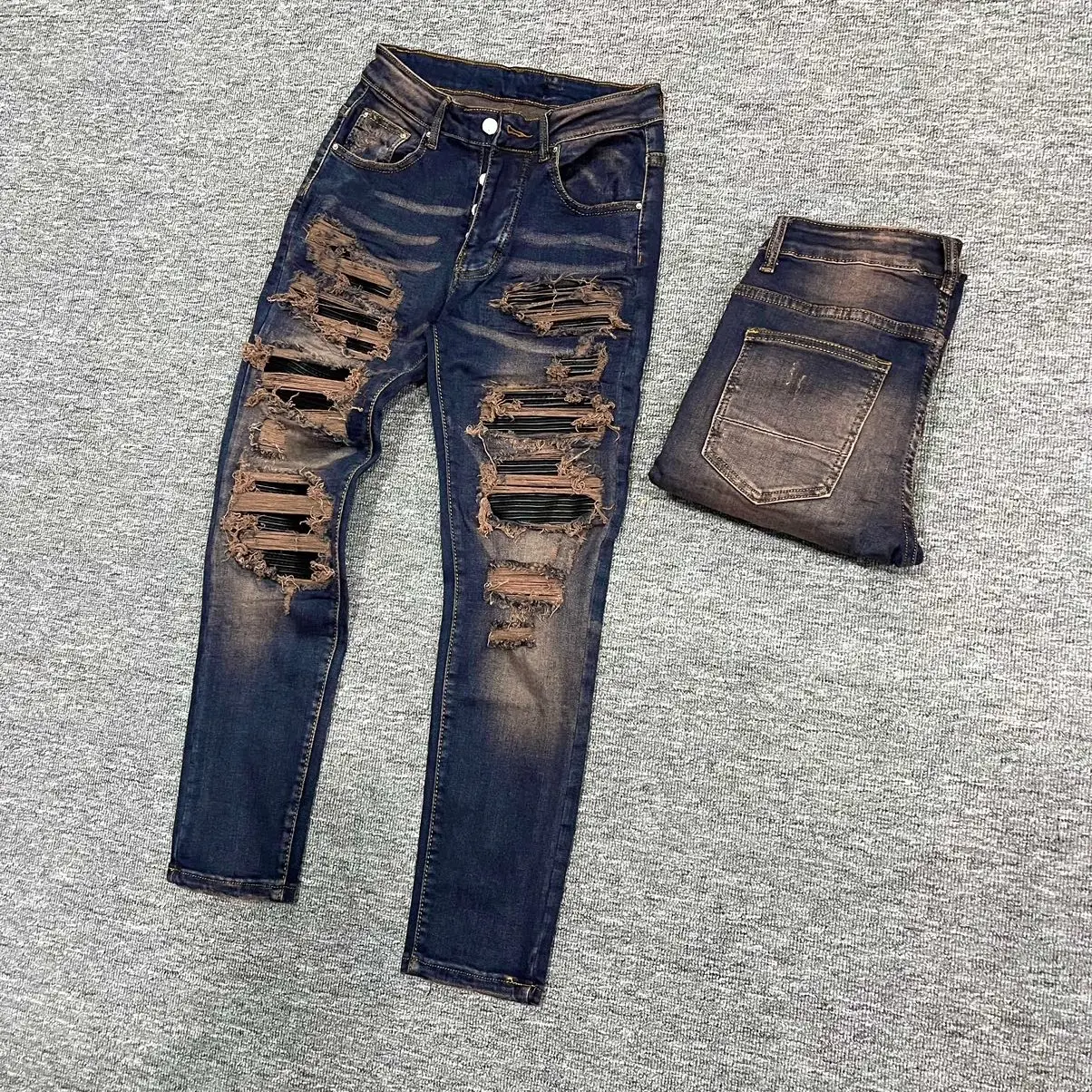 Quần rêu đậm vá da nhiều miếng rách xù 1 gối bản 4 cúc mã 99252 Menswear Nam