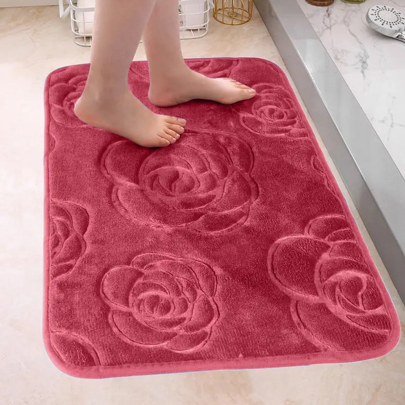 Rose Embossed Absorbent Bath Mat (1 Count), Washable Soft Anti-Slip Door Entrance Carpet, Household Mat for Indoor Living Room Bedroom Kitchen 8