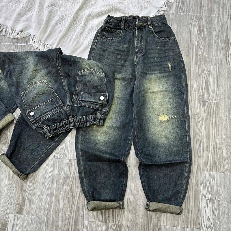 112 BIGSIZE Quần baggy jean cạo chun sau tạo kiểu, quần jean dáng thụng không co dãn túi hộp sau Pants Menswear