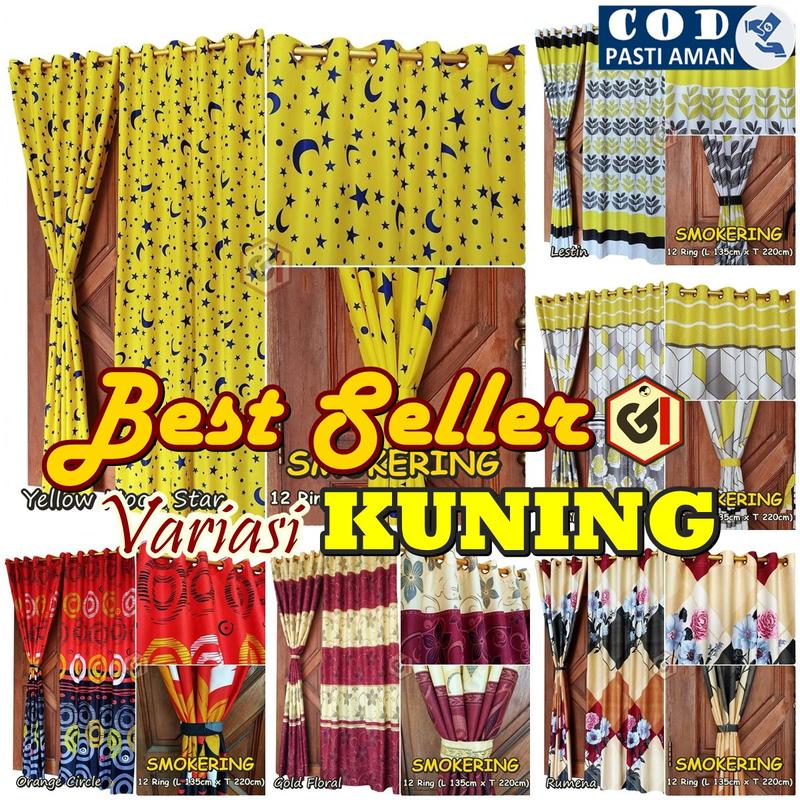 Gorden Pintu Murah Hordeng Jendela Panjang untuk Ruang Tamu atau Kamar Tidur model Smokring 12 Ring Warna Gold Kuning Kain Katun 1