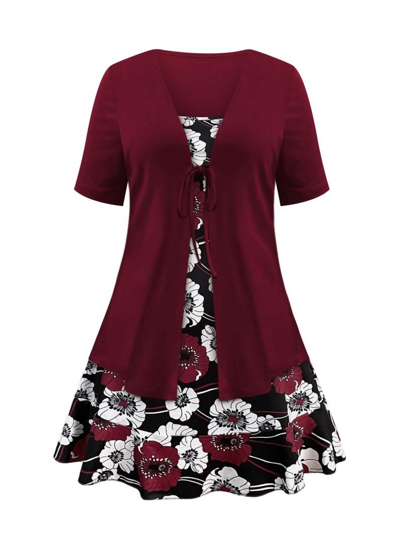 Product Introduction of 【Plus Size】 Floral Print Ruffle Hem Tie Front Two-piece Set, Elegant Cami Dress & Short Sleeve Outerwear for Spring & Fall, Women's Outfits for Daily Wear 5