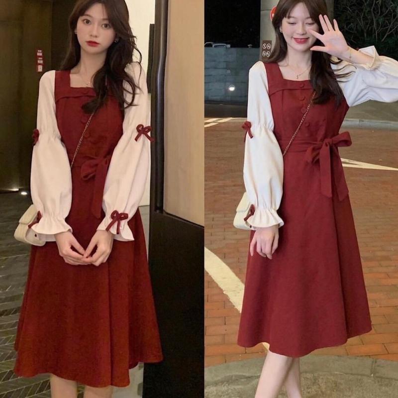 Đầm bầu bigsize 40-100kg váy bầu thu đông Mặc Noel diện tết đi tiệc chất tăm nhung phối tay hoạ tiết nơ xinh xắn Len