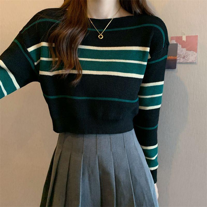 Product Introduction of Áo len tay dài thời trang mùa thu đông áo cổ tròn rộng rãi Top Nữ Women Sọc 13