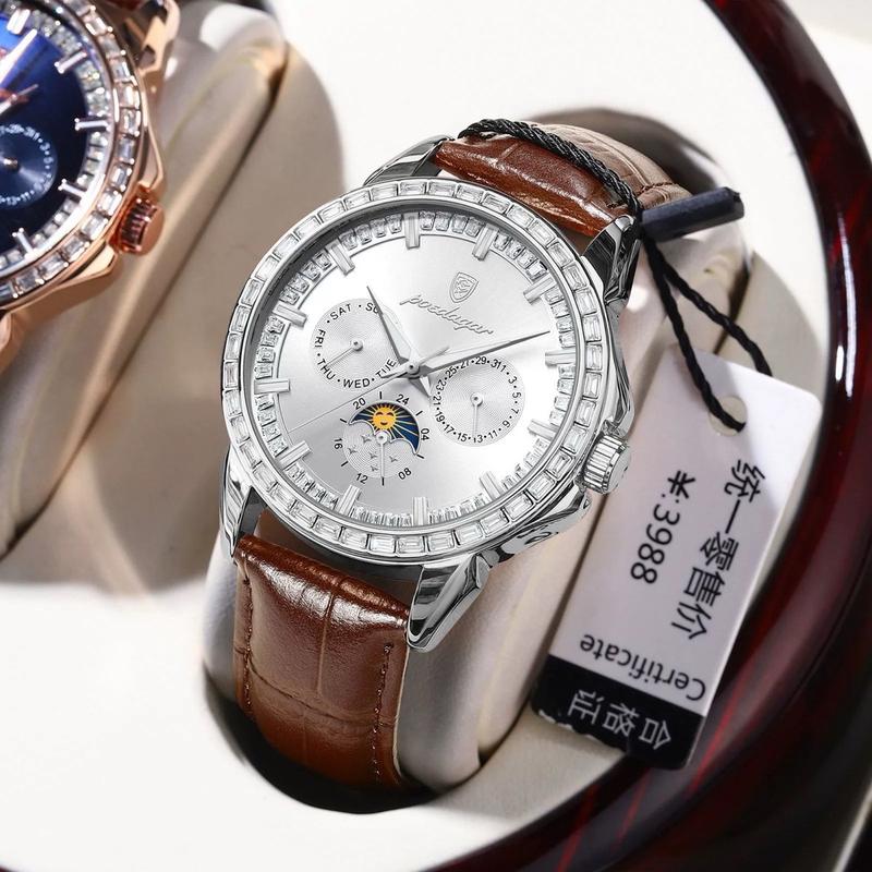 Đồng hồ nam Poedagar 956 dây da viền đá sang trọng đa chức năng lịch kép dạ quang Watch Đeo Tay