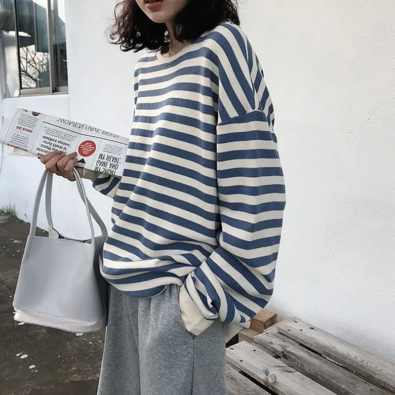 early spring new Korean version women's striped long sleeved T-shirt for women's clothing, student thin loose round neck bottom shirt