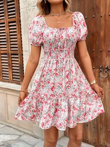 Women's Rose Floral Print Dress, Fashion Casual Dress for Daily Outdoor Wear, Ladies Dress for Summer