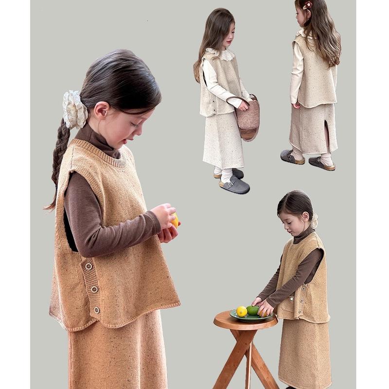  Set Váy Gile Len 2 Chi Tiết Áo Gile+Chân Váy Dài Cho Bé Gái 