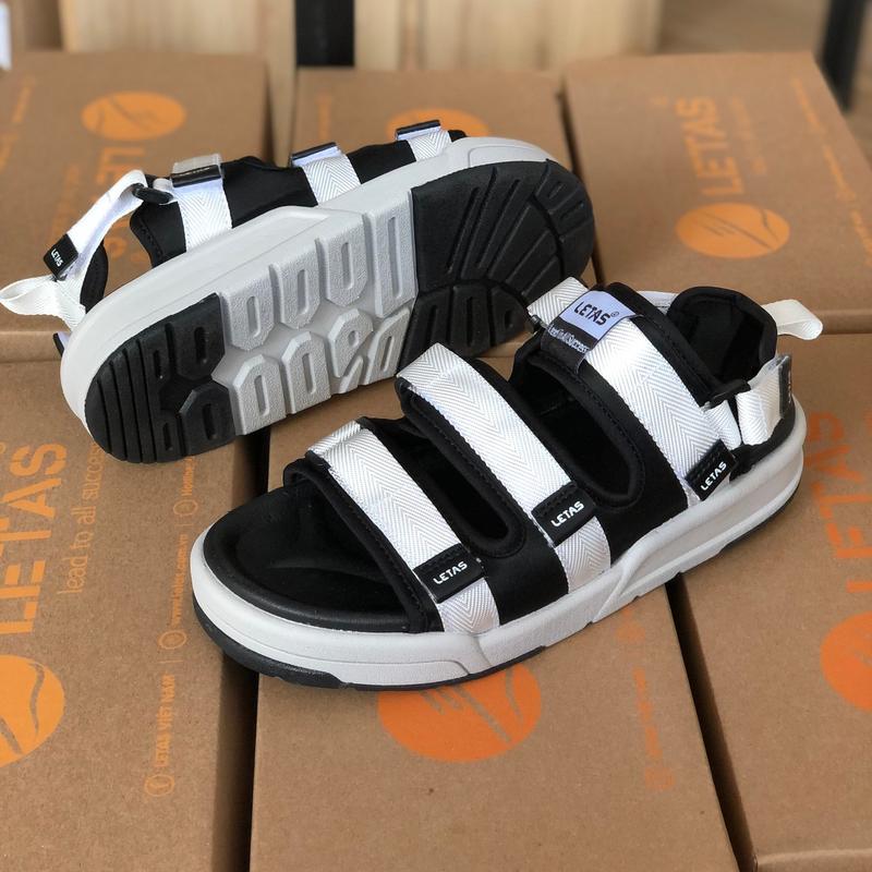 Giày Sandal nam nữ Unisex Letas, năng động, trẻ trung Trắng đen( D721) Cao Su Đế Bằng Nhung 3