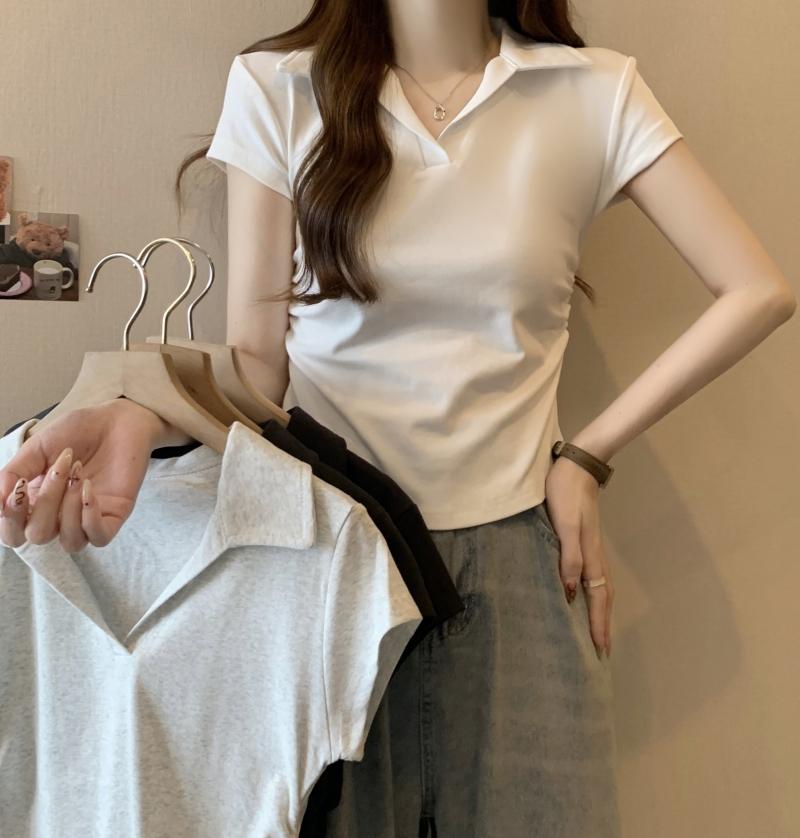 Product Introduction of 106 # Real Shot Real Price 40s Pure Cotton 210g (92% Cotton/8% Spandex) Polo Collar Waist-Cinching Short Sleeve T-Shirt for Women Top Womenswear 3