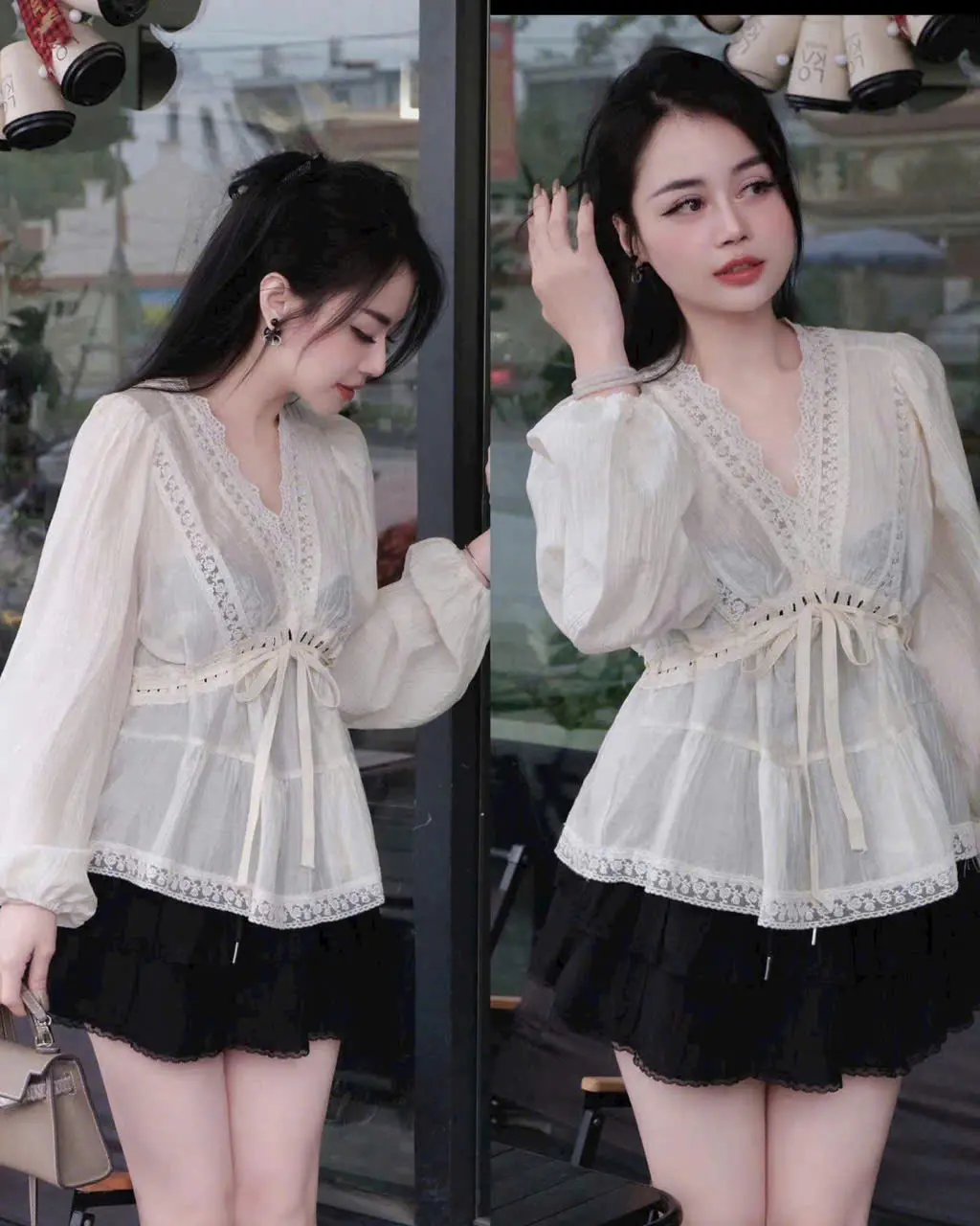 sét đồ nữ áo cổ chữ v tay dài kèm chân váy ngắn siêu xinh phù hợp mạc đi chơi đi tiệc