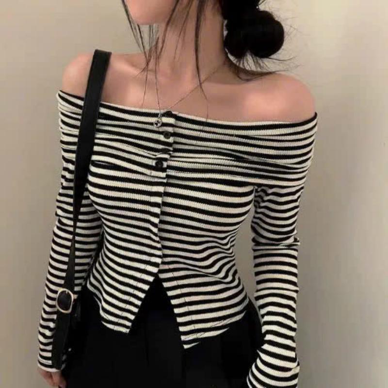 Áo trễ vai kiểu nữ sọc kẻ ôm body dài tay chất thun len co giãn mạnh A093 basic cá tính sành điệu Voi Nhung Top women áo  trễ