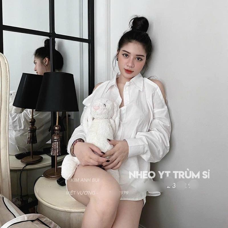 Sơ mi lụa hở vai fom rộng mã 2350 trắng Nữ Áo Top Women Shirt