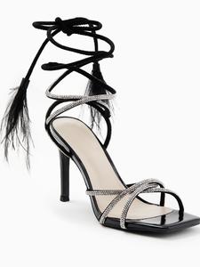 Women's Fashionable Rhinestone Decorated Lace Up Stiletto Sandals, Elegant Square Toe High Heel Sandals for Party, Banquet, Trendy Exquisite Heels for Women, Valentine's Day, Gift