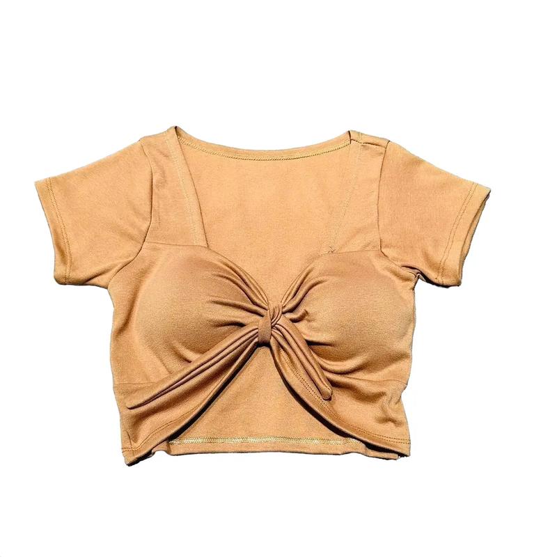 Áo borip cổ U cột nơ trước, áo thun nữ croptop tay ngắn có mút ngực Women Cổ Tròn Màu Trắng