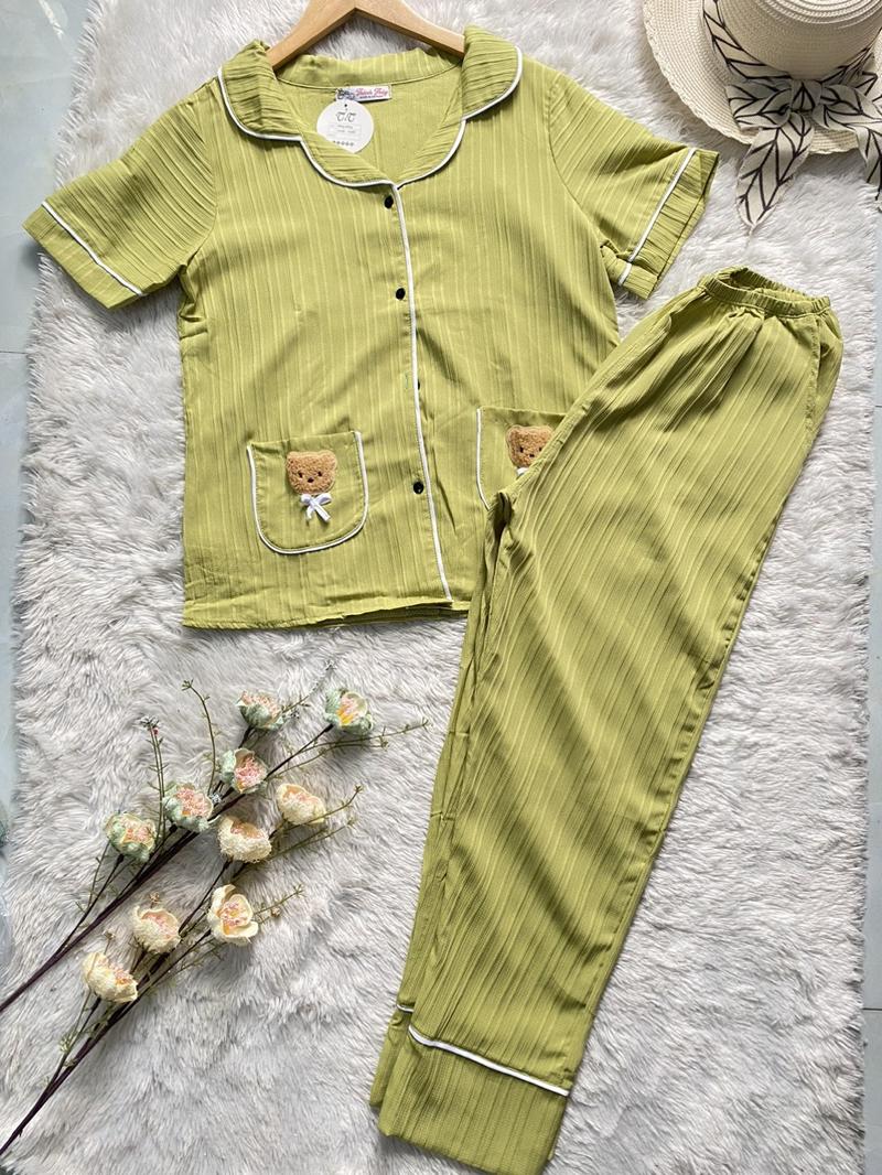 Product Introduction of Bộ Ngủ Đồ Bộ Pyjama Cổ Vets Quần Dài Aó Hai Túi Gấu Vải Đũi Gân Mềm Nhẹ Nhung Voi Nữ Women 7