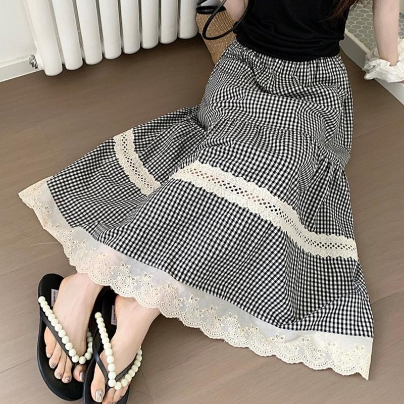 Chân váy kẻ đen viền ren 2 lớp, chânváysọccaro 2 tầng midi nữ dáng xòe lưng chun chất kate Renee Store - VD399 Women