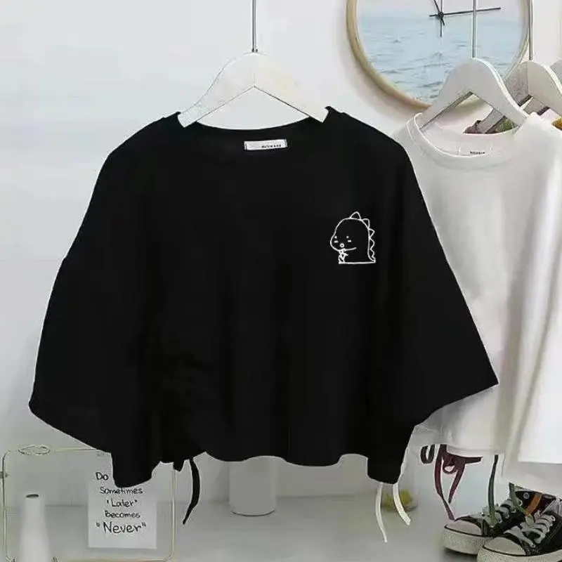 Black Niche Design Irregular Drawstring Short Sleeve T-shirt Women's Summer New Korean Style Loose Crop Top Fashion Lingerie Streetwear Lady Comfort Crewneck Casual